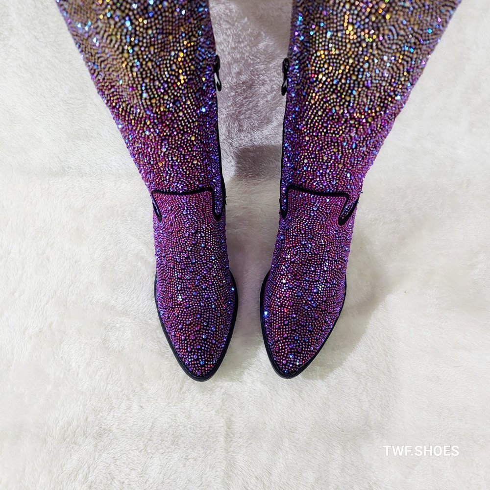 Western Glow Multi Purple Ombre Rhinestone Disco Cowgirl Knee Boots - Picture 9 of 17